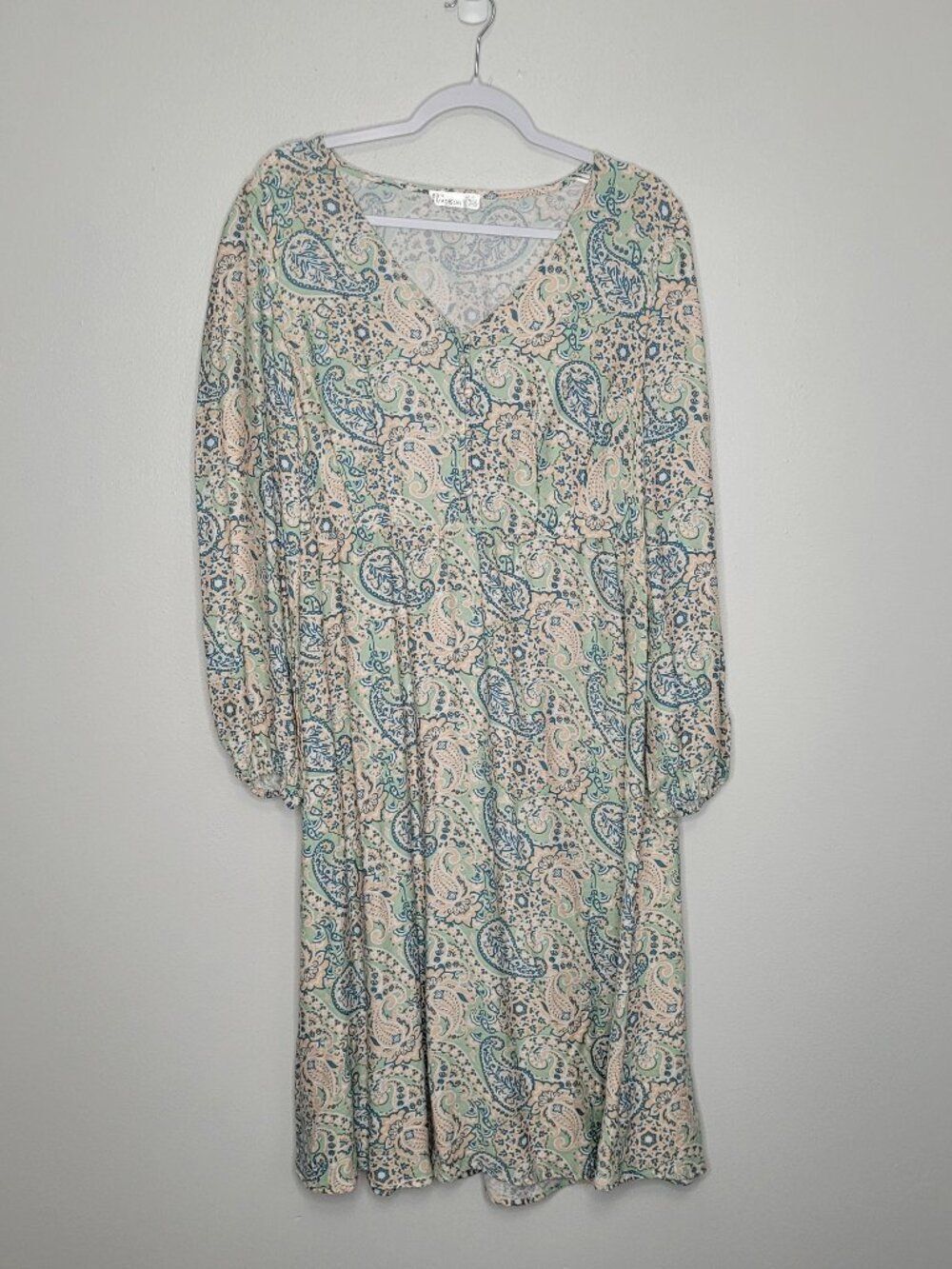 89th and Madison pastel green blue paisley print midi brunch cottage dress L